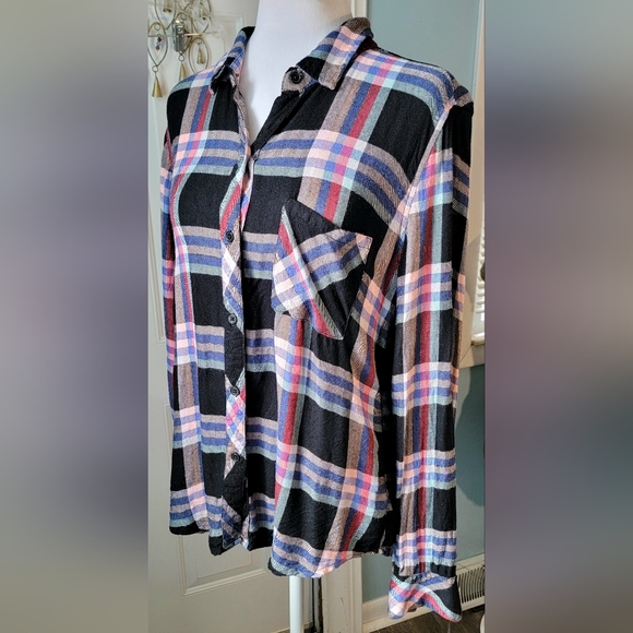 Rails Hunter Button-Down Plaid Top Women's M Black Melon Aqua Gold Relaxed Fit - Picture 2 of 14